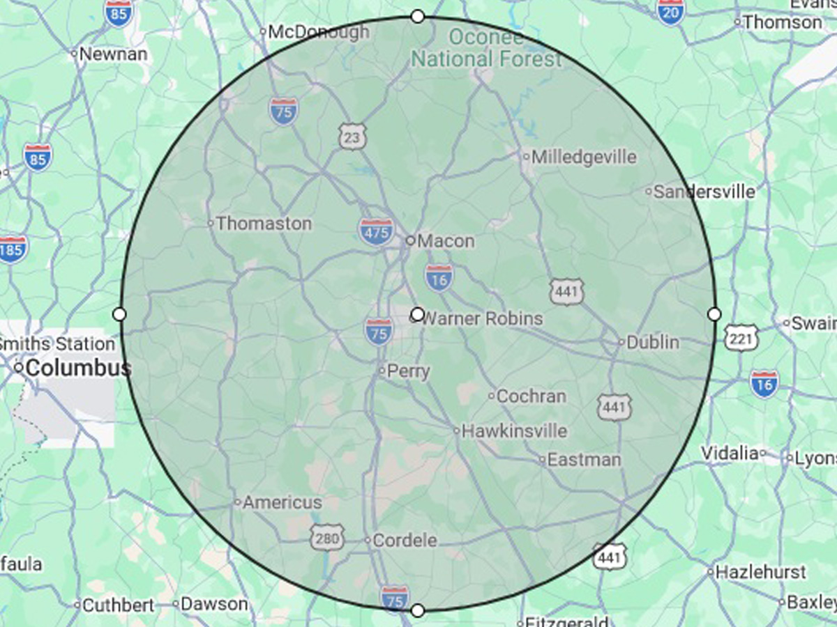 OLI Construction service area map showing Fort Valley and surrounding Middle Georgia communities